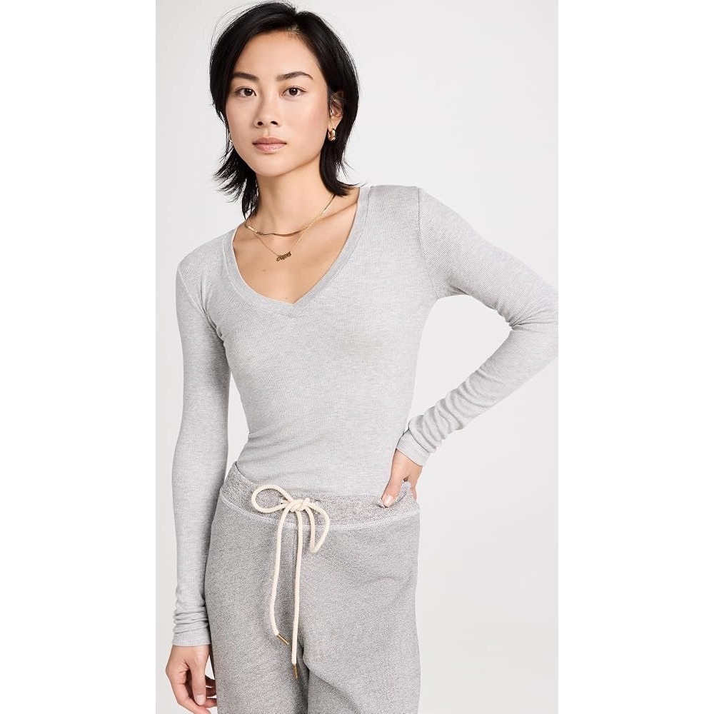 Splendid V-Neck Top Women Medium Gray Long Sleeve Ribbed Thermal Shirt Knit